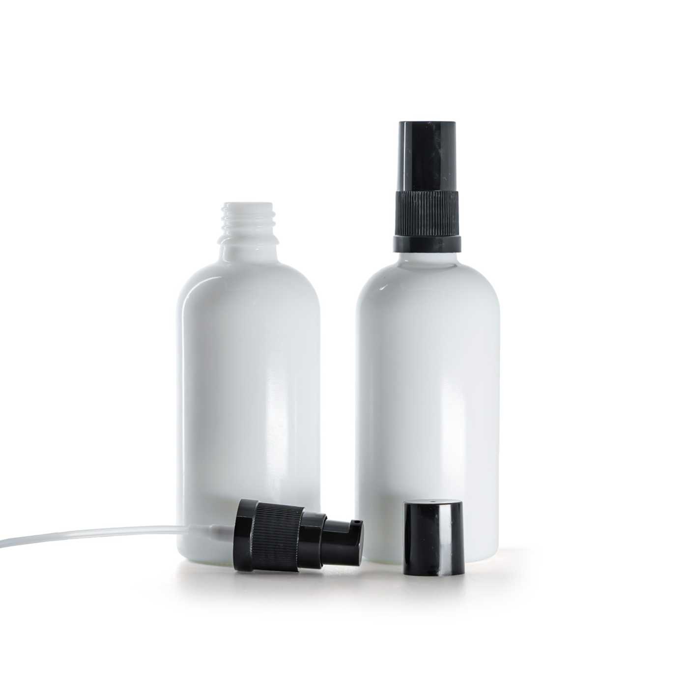 Sklenená fľaška, liekovka biela, čierny dávkovač, čierny vrch, 100 ml
