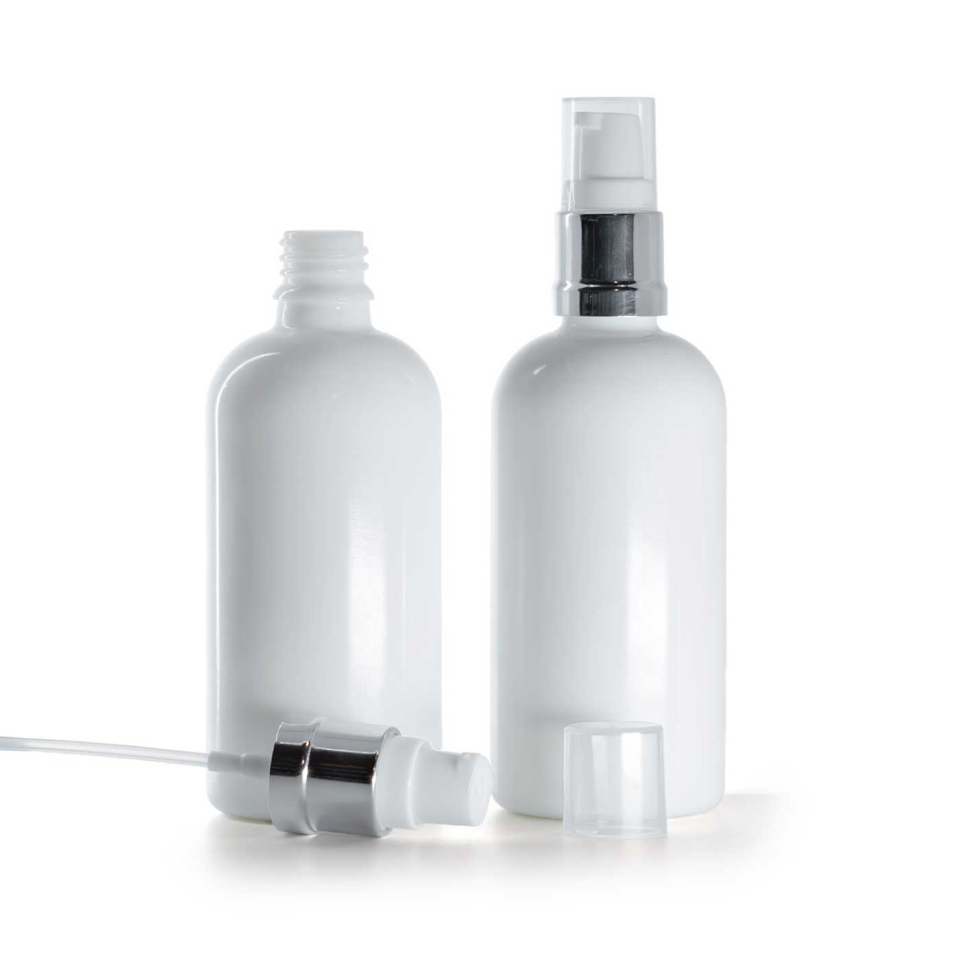 Bottiglia in vetro, bianca, dispenser bianco argento lucido, 100 ml