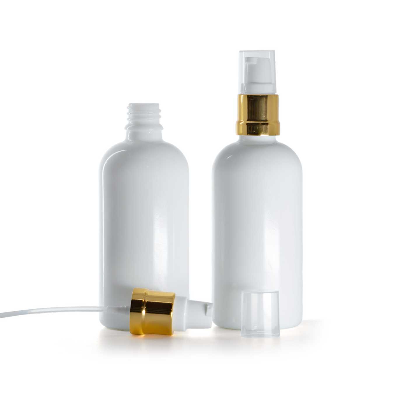 Sklenená fľaška, liekovka, biela, bielo-zlatý lesklý dávkovač, 100 ml