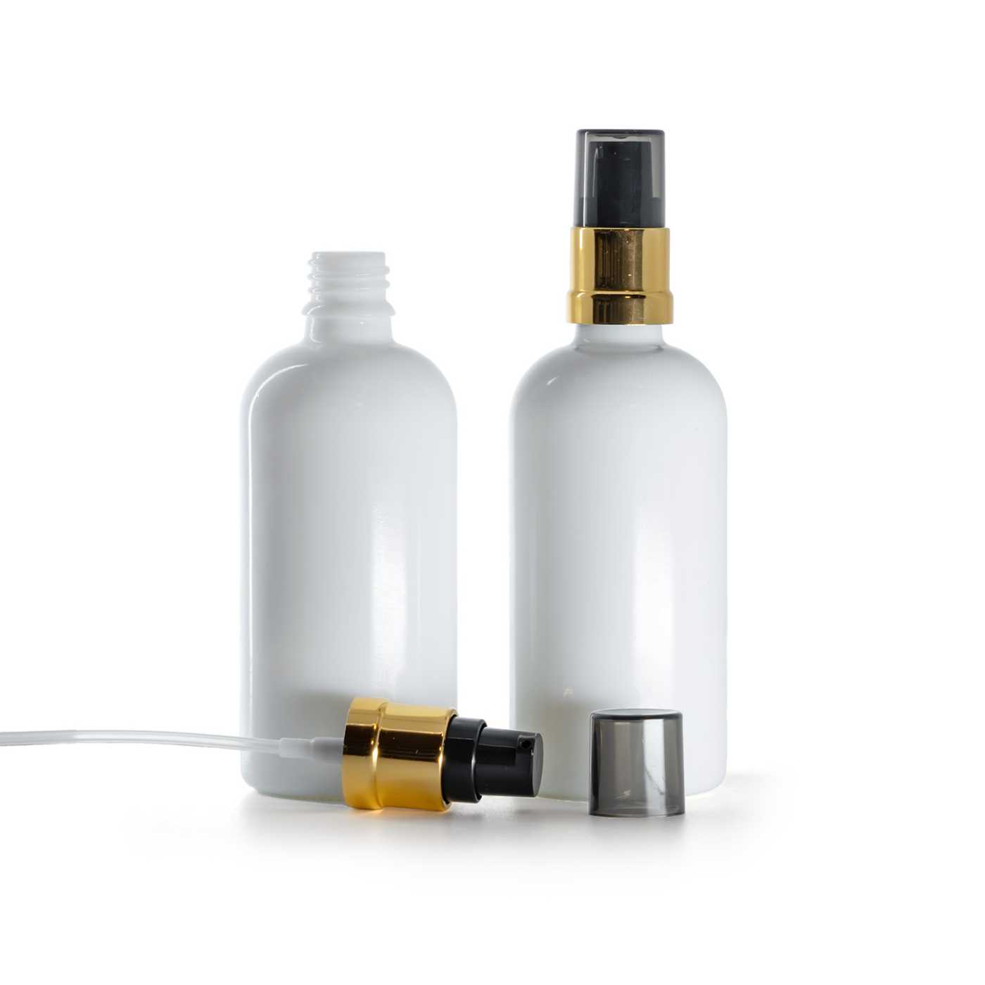 Butelka szklana apteczna, biała, czarno-złoty błyszczący dozownik z przydymionym kapturkiem, 100 ml