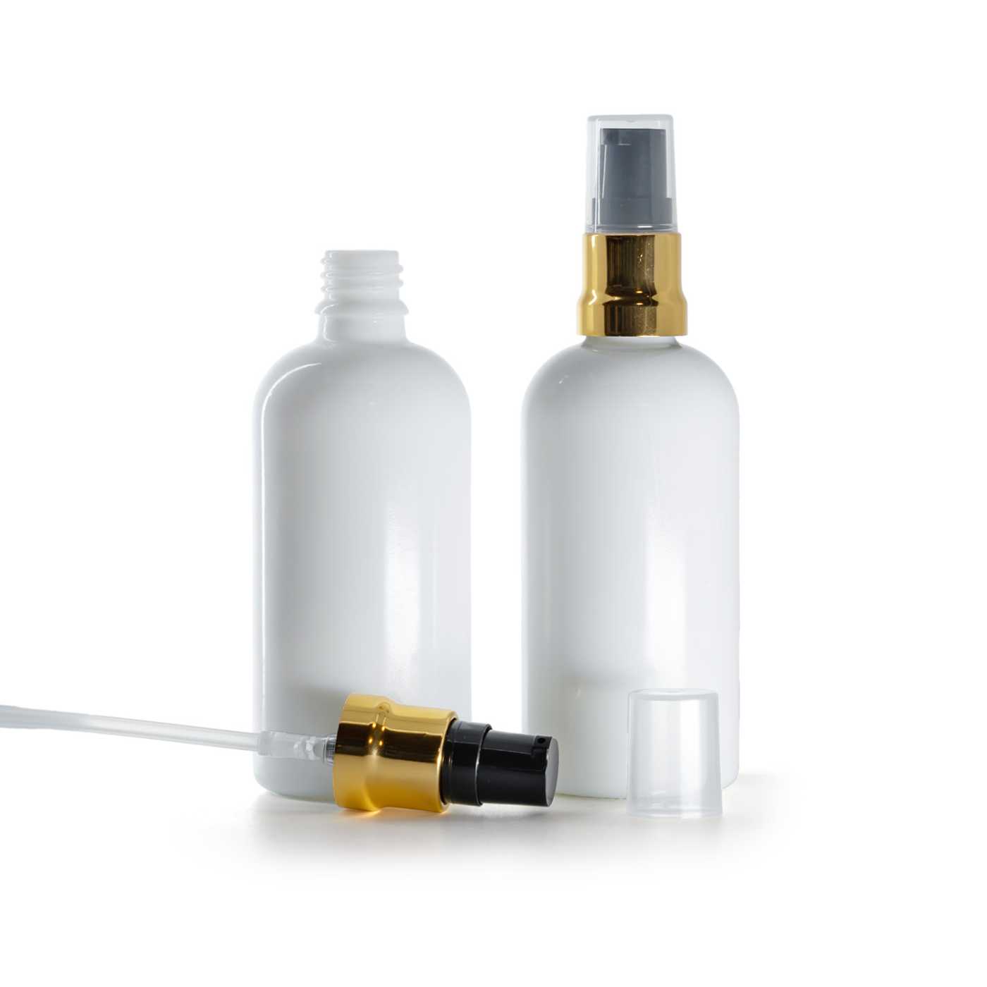 Butelka szklana apteczna, biała, czarno-złoty błyszczący dozownik, przezroczysty kapturek, 100 ml