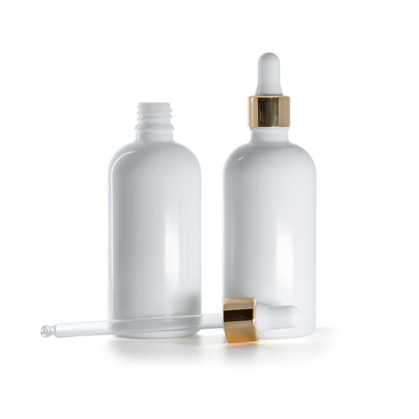 Sklenená fľaška, liekovka, biela, bielo-zlaté kvapátko, 100 ml