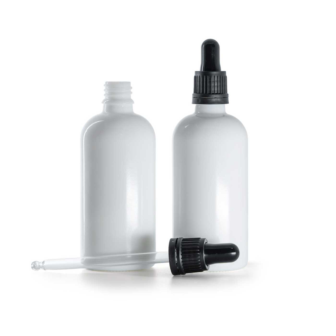 Butelka szklana apteczna, biała, czarny matowy kroplomierz, 100 ml