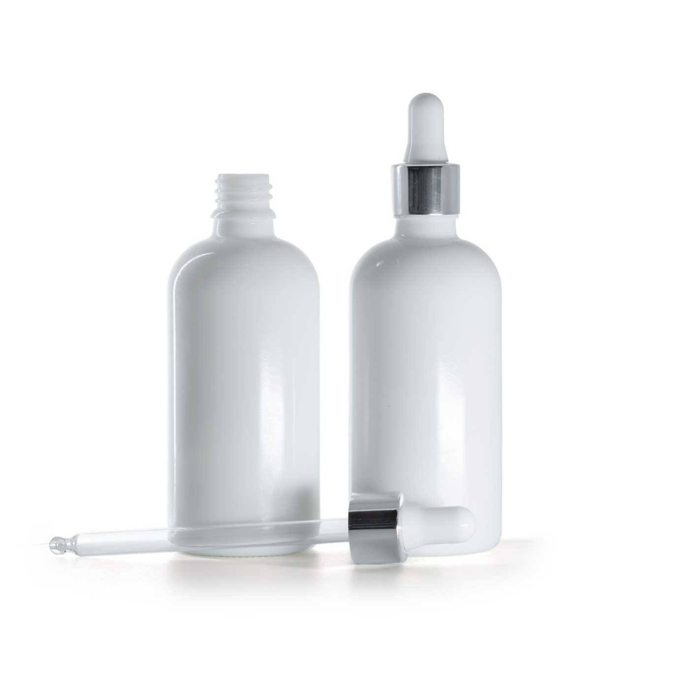 Sklenená fľaška, liekovka, biela, strieborné lesklé kvapátko 100 ml