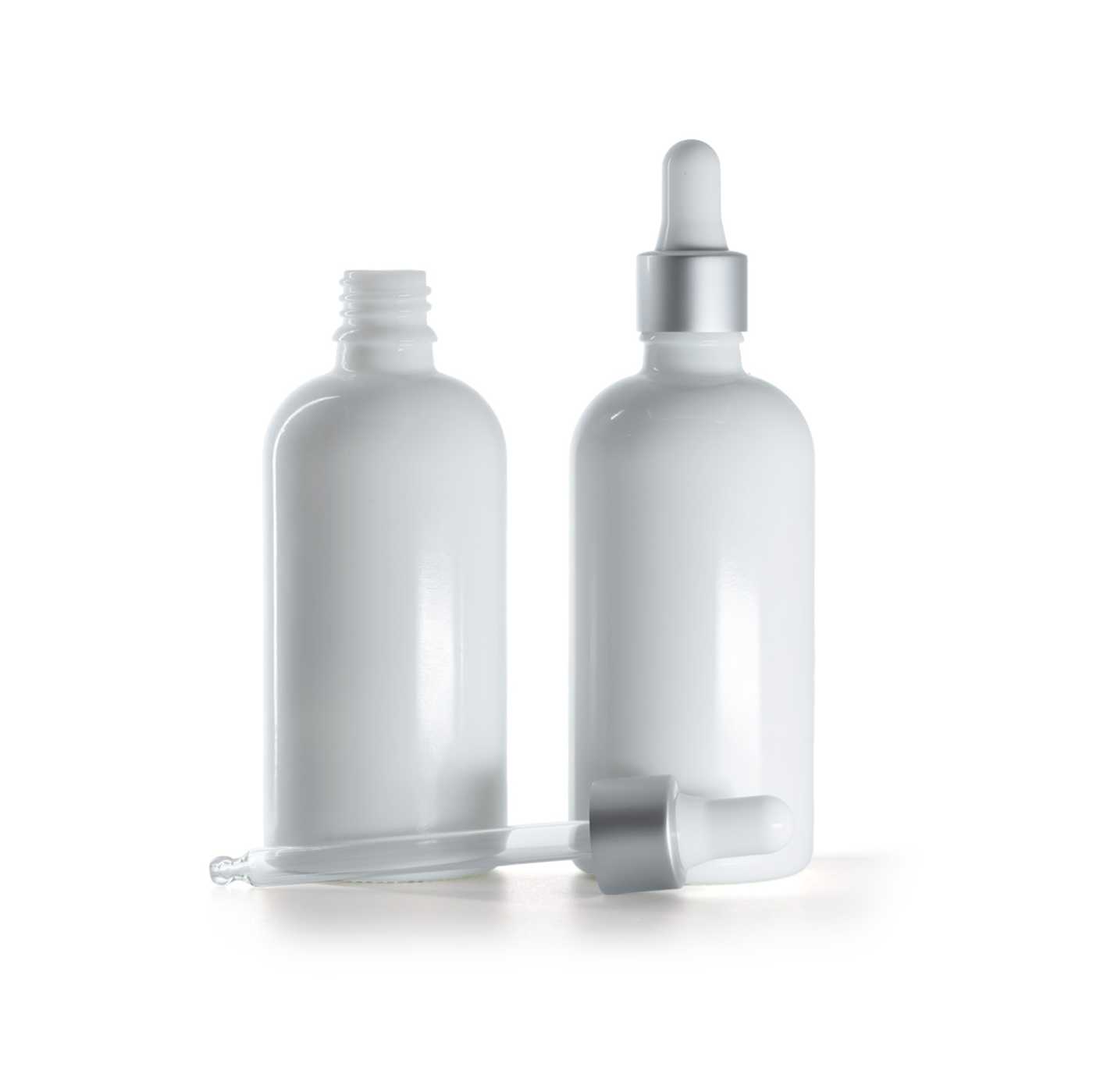 Sklenená fľaška, liekovka, biela, strieborné matné kvapátko, 100 ml