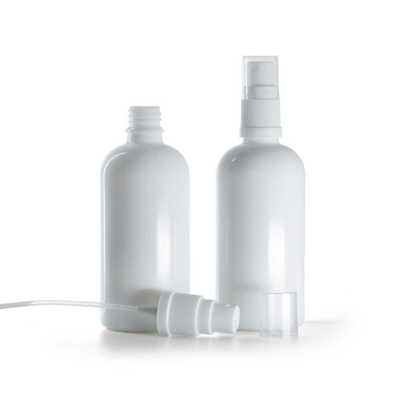 Butelka szklana apteczna, biała, biały atomizer, 100 ml