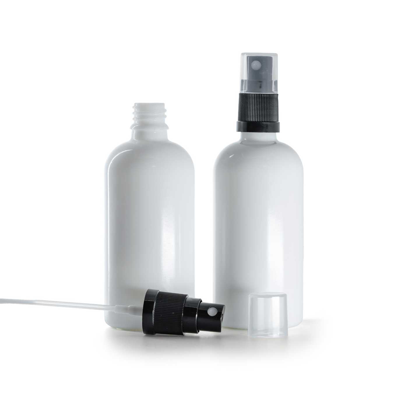 Sklenená fľaška, liekovka, biela, čierny rozprašovač, 100 ml