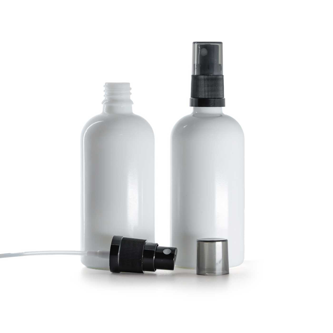 Sklenená fľaška, liekovka, biela, čierny rozprašovač, dymový kryt, 100 ml