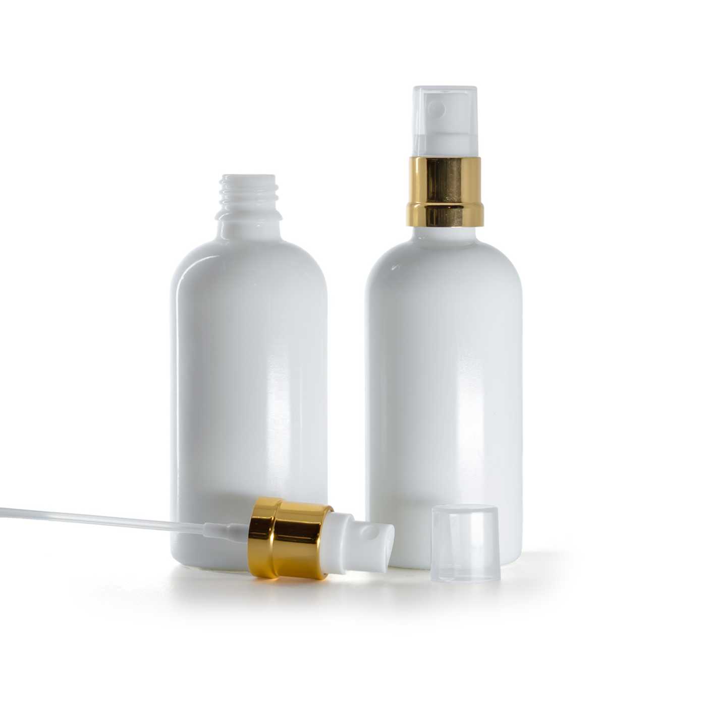 Sklenená fľaška, liekovka, biela, bielo-zlatý rozprašovač, 100 ml