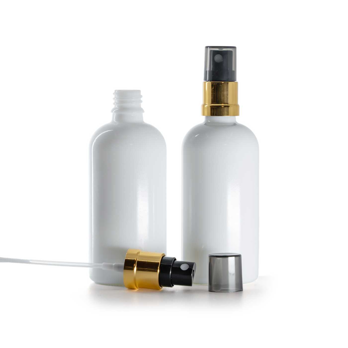 Sklenená fľaška, liekovka, biela, čierno-zlatý rozprašovač, dymový kryt, 100 ml