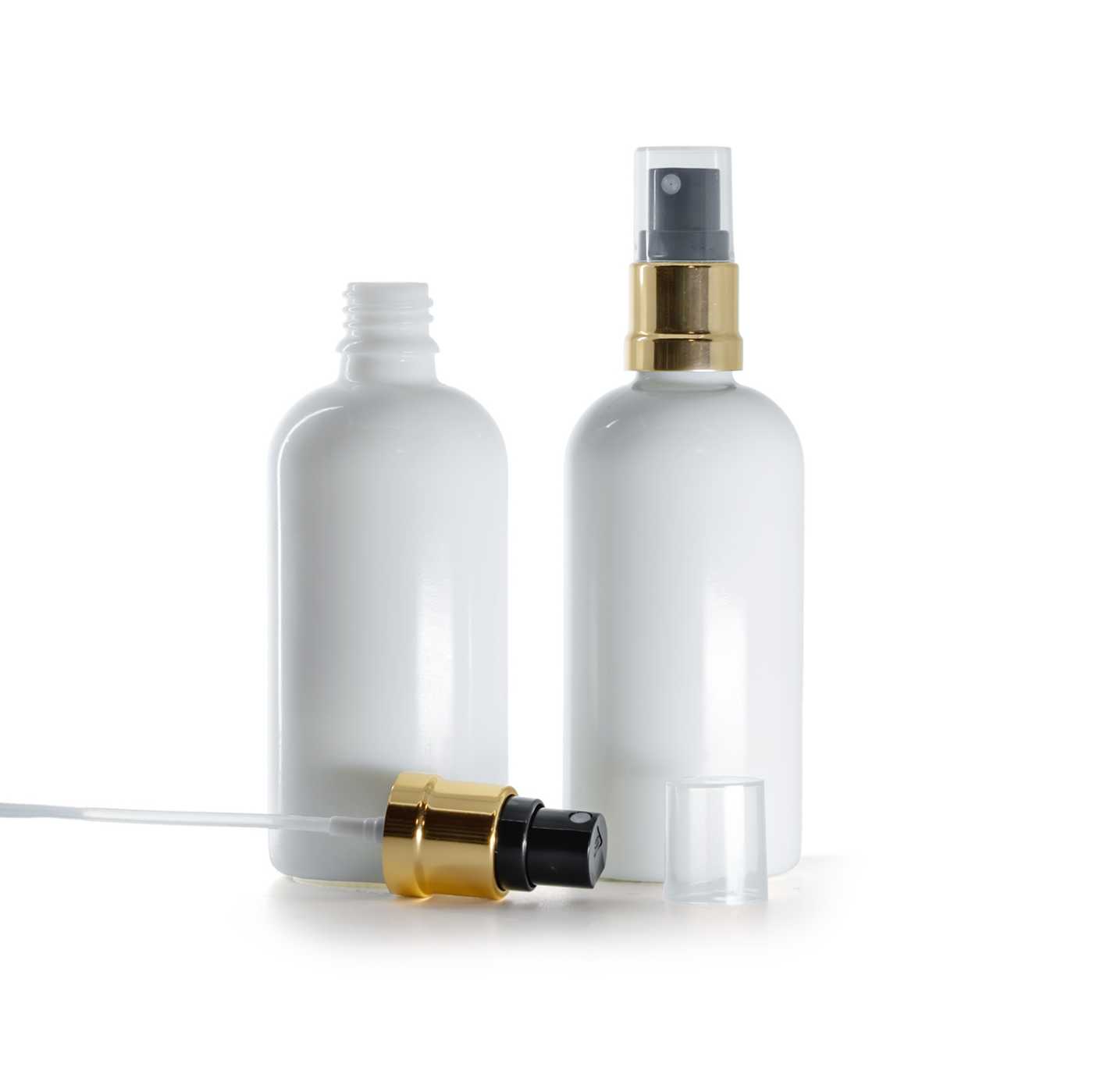 Sklenená fľaška, liekovka, biela, čierno-zlatý rozprašovač, 100 ml