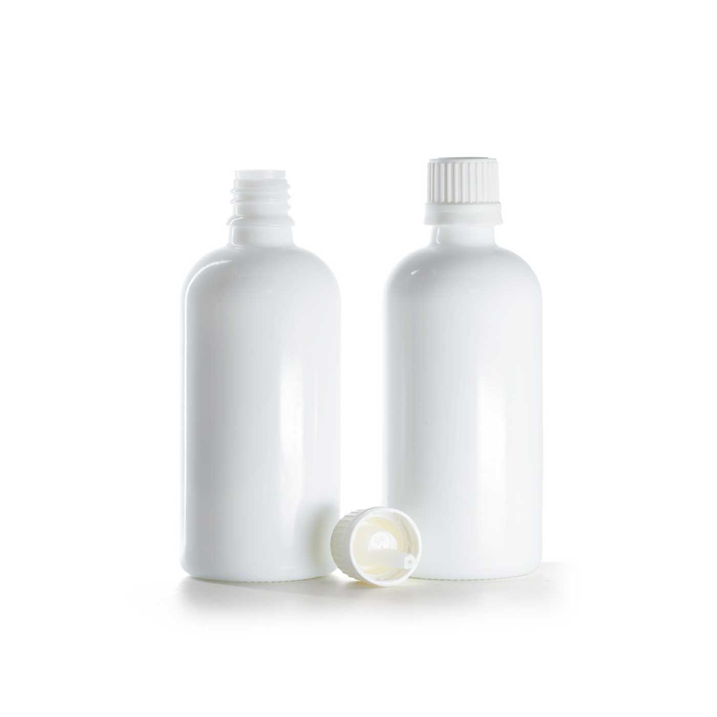 Sklenená fľaška, biela, biely vrchnák s kvapátkom, 100 ml