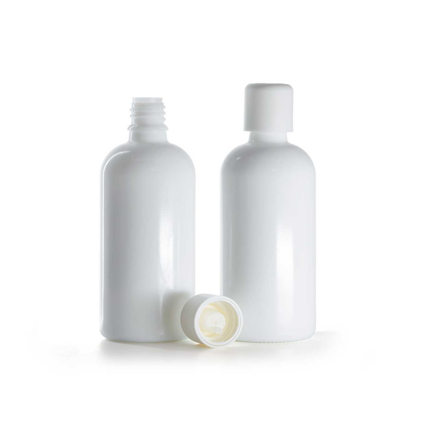 Sklenená fľaška, biela, biely vrchnák s poistkou, 100 ml