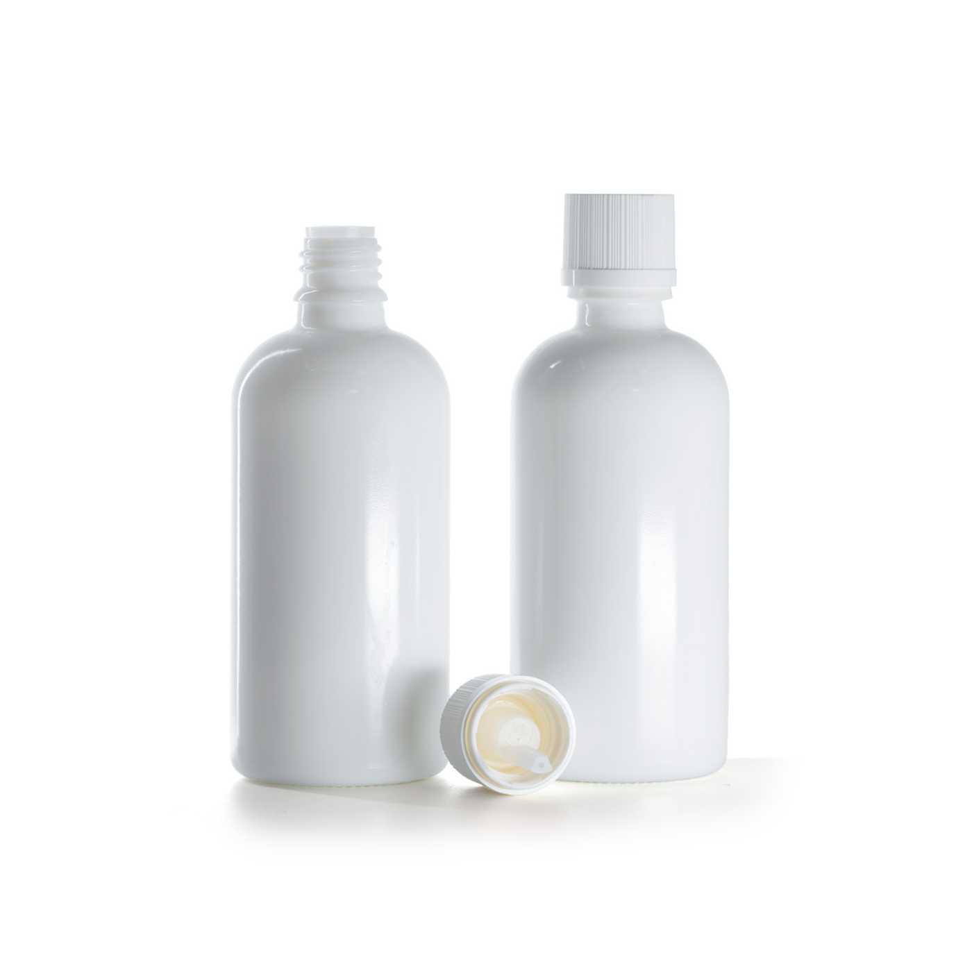 Sklenená fľaška, biela, biely vrúbkovaný vrchnák s poistkou, 100 ml