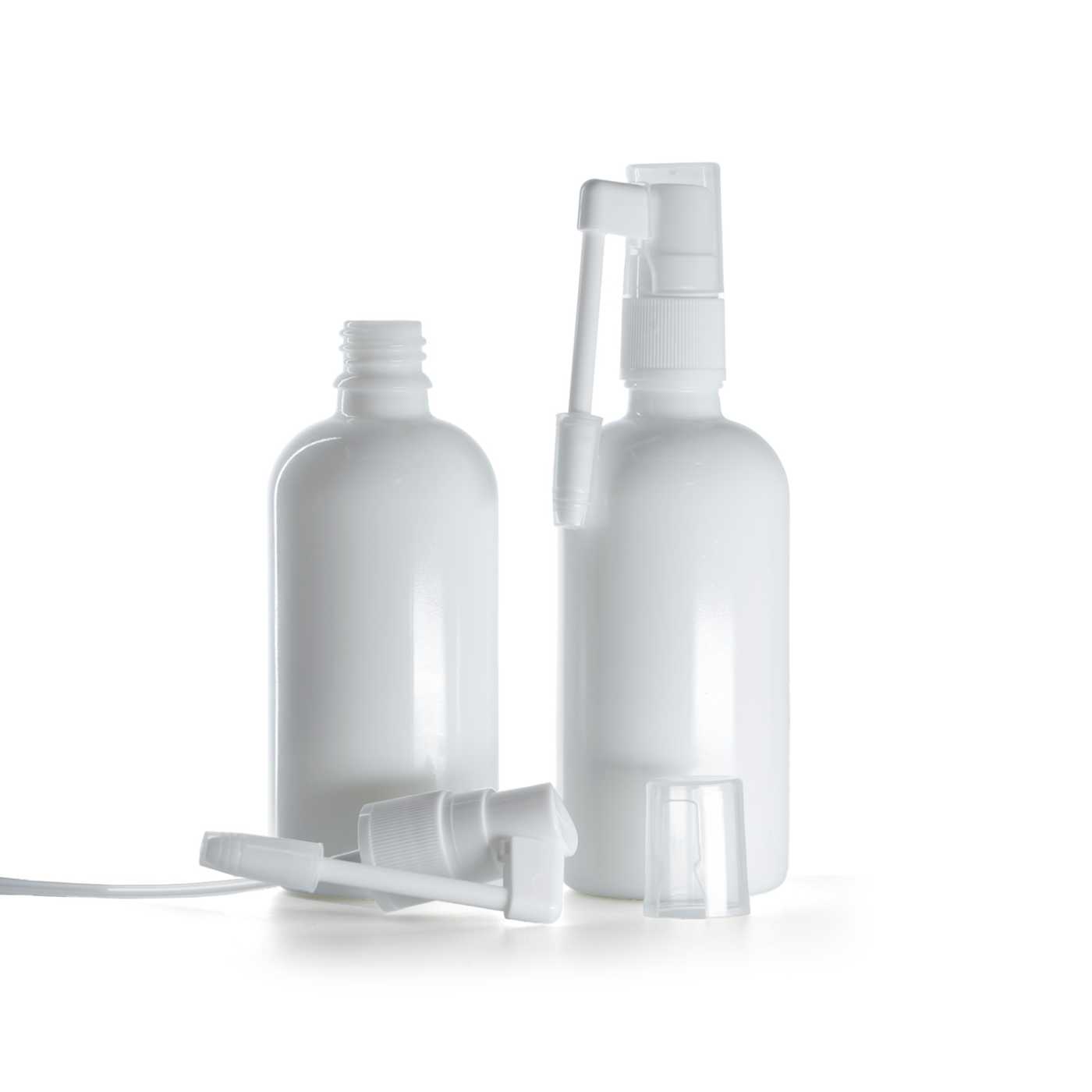 Sklenená fľaška, biela, sprej do hrdla, 100 ml