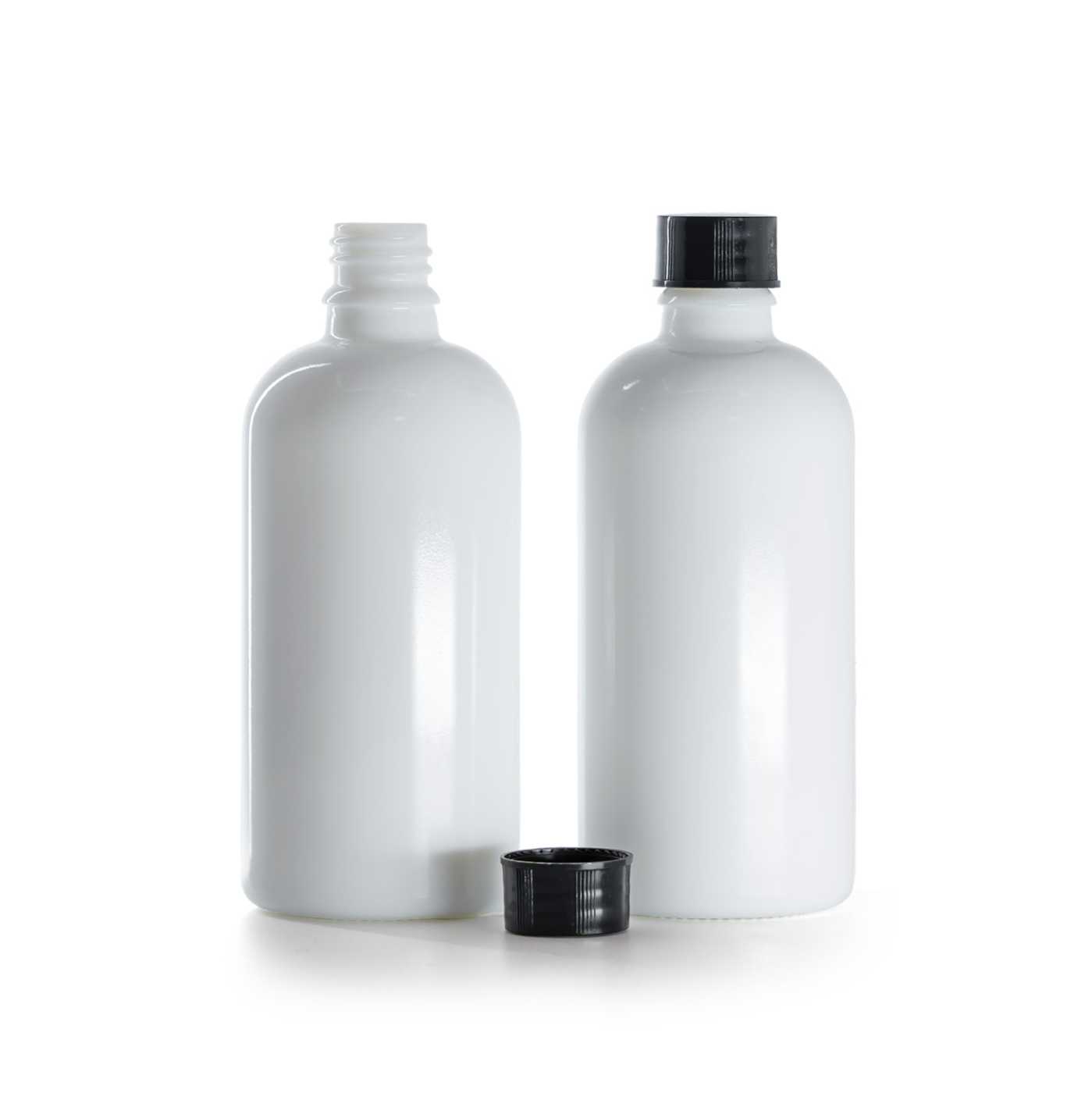 Sklenená fľaška, liekovka biela, čierny vrchnák, 100 ml