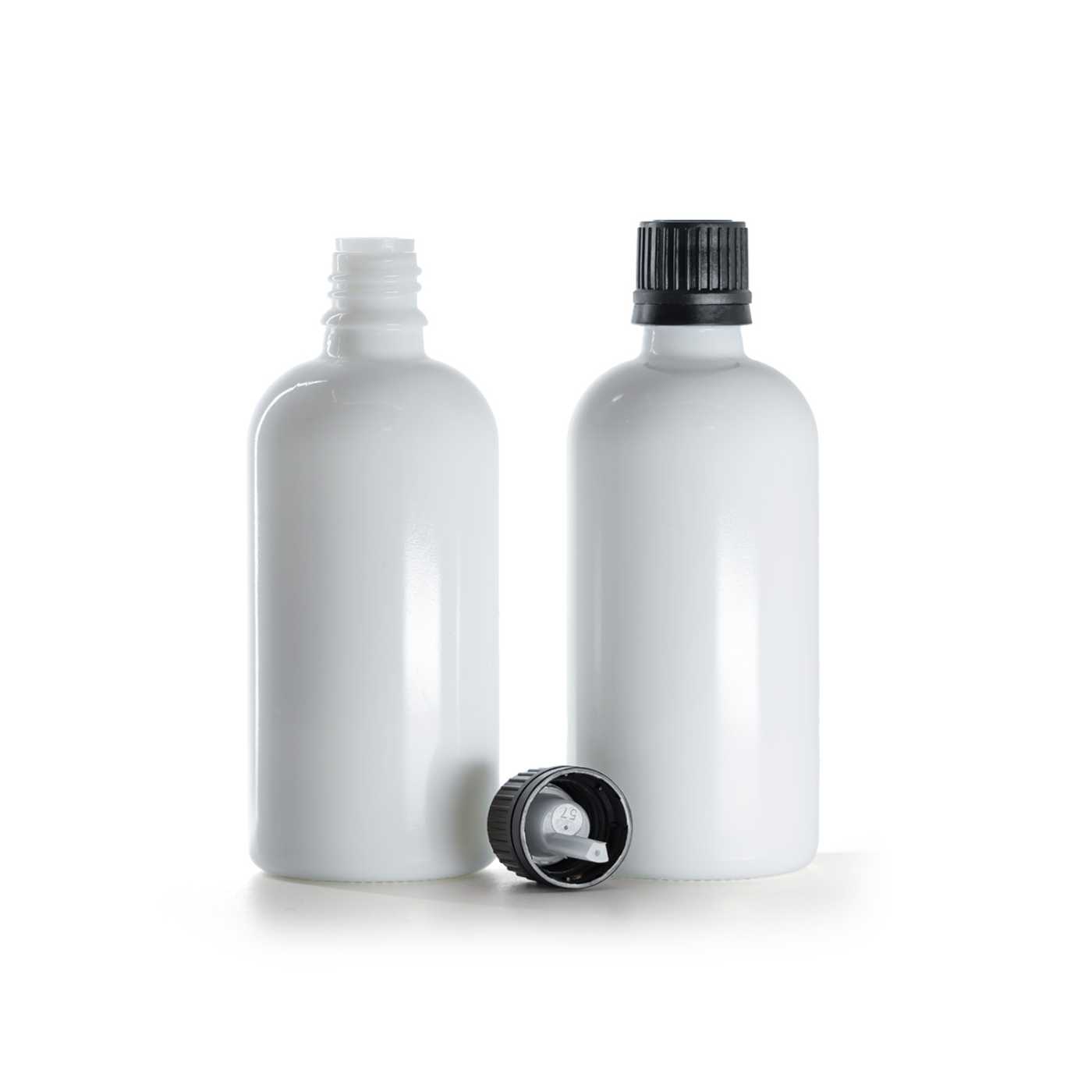 Sklenená fľaška, liekovka biela, čierny vrchnák s kvapátkom, 100 ml