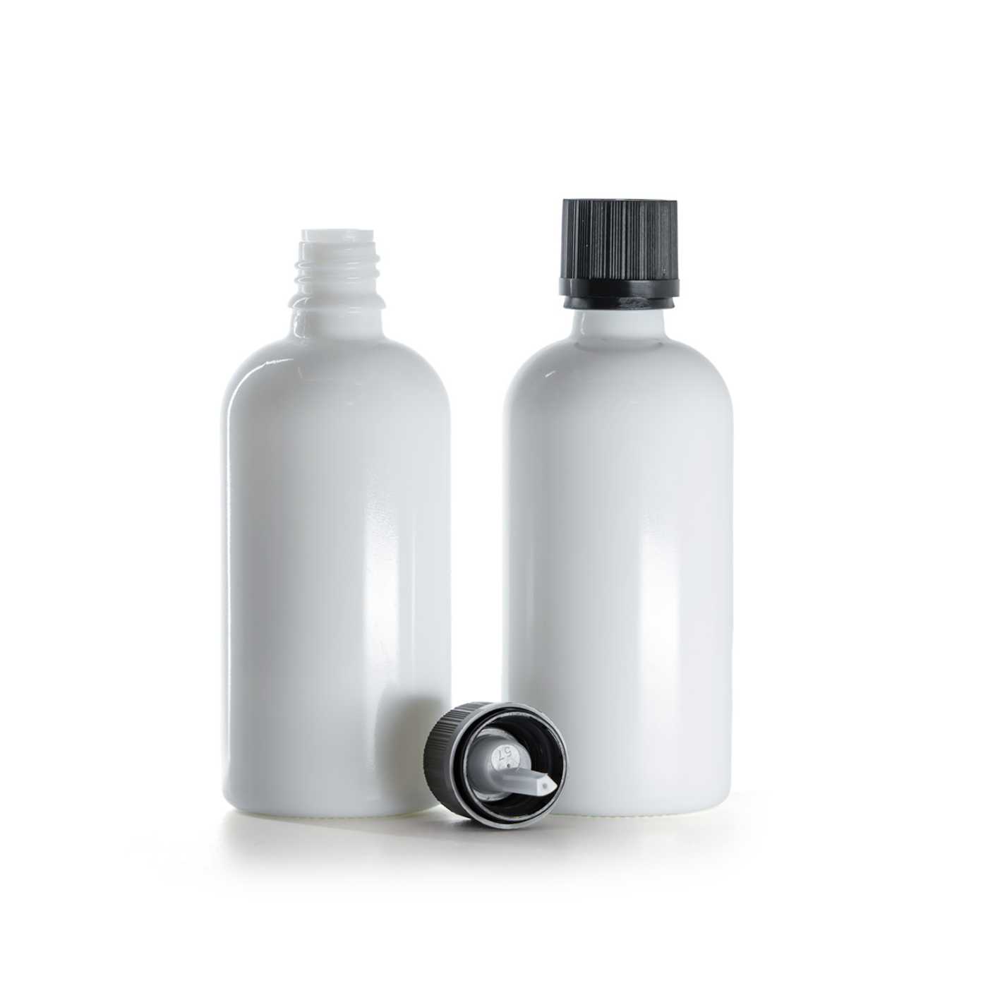 Butelka szklana, biała, czarna karbowana nakrętka z zabezpieczeniem, 100 ml