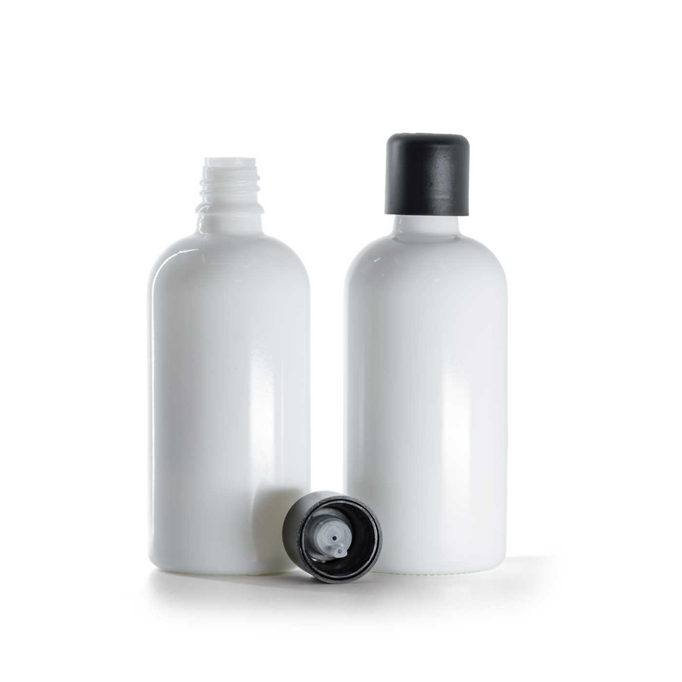Sklenená fľaška, biela, čierny vrchnák s poistkou, 100 ml