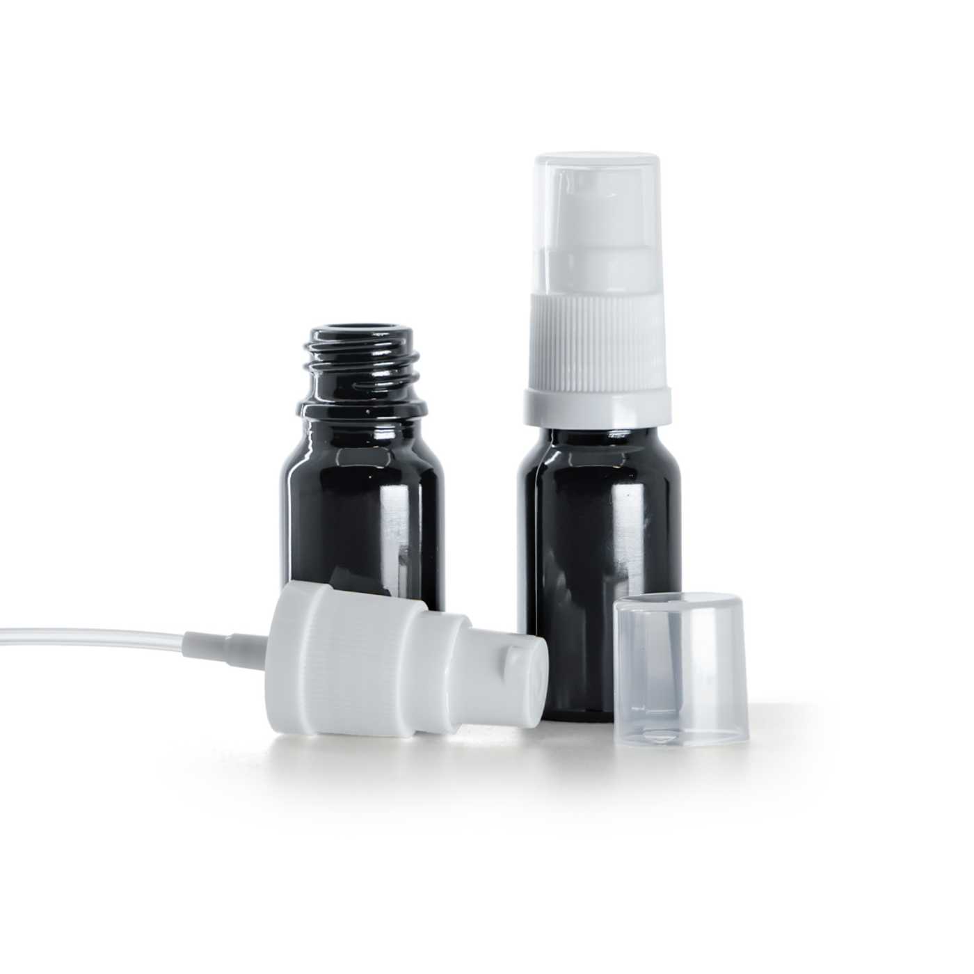Flacon en verre noir brillant avec pompe blanche 10 ml