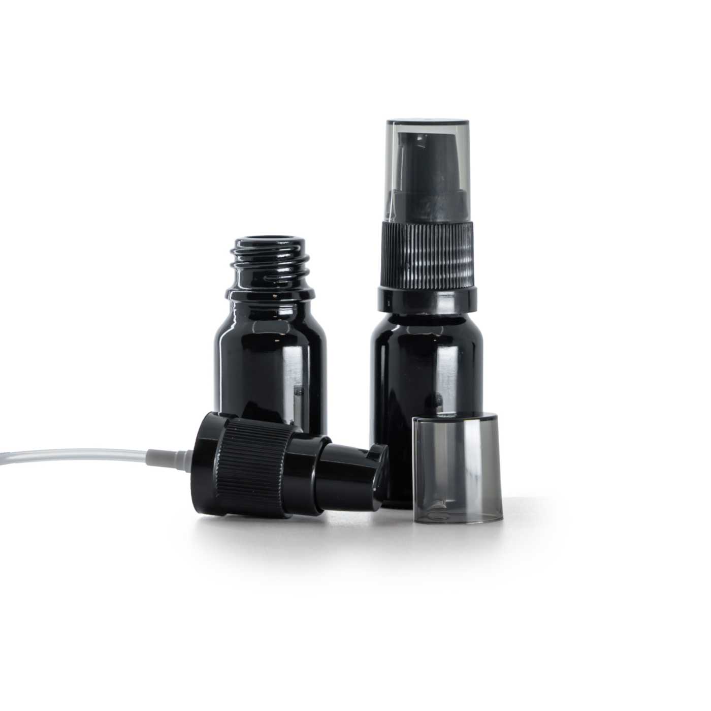 Skleněná lahvička černá lesklá, dávkovač krému s dýmovým krytem, 10 ml