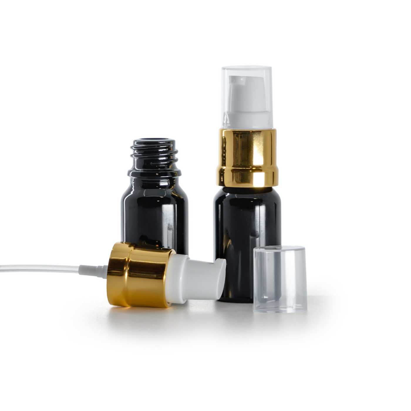 Butelka szklana, czarna błyszcząca, biało-złoty błyszczący dozownik, 10 ml
