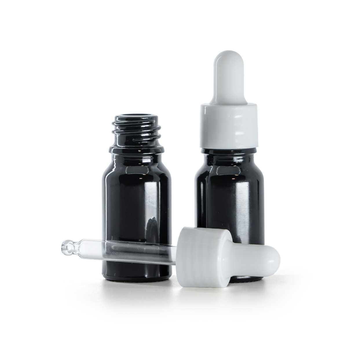 Skleněná lahvička, černá lesklá, bílé lesklé kapátko, 10 ml