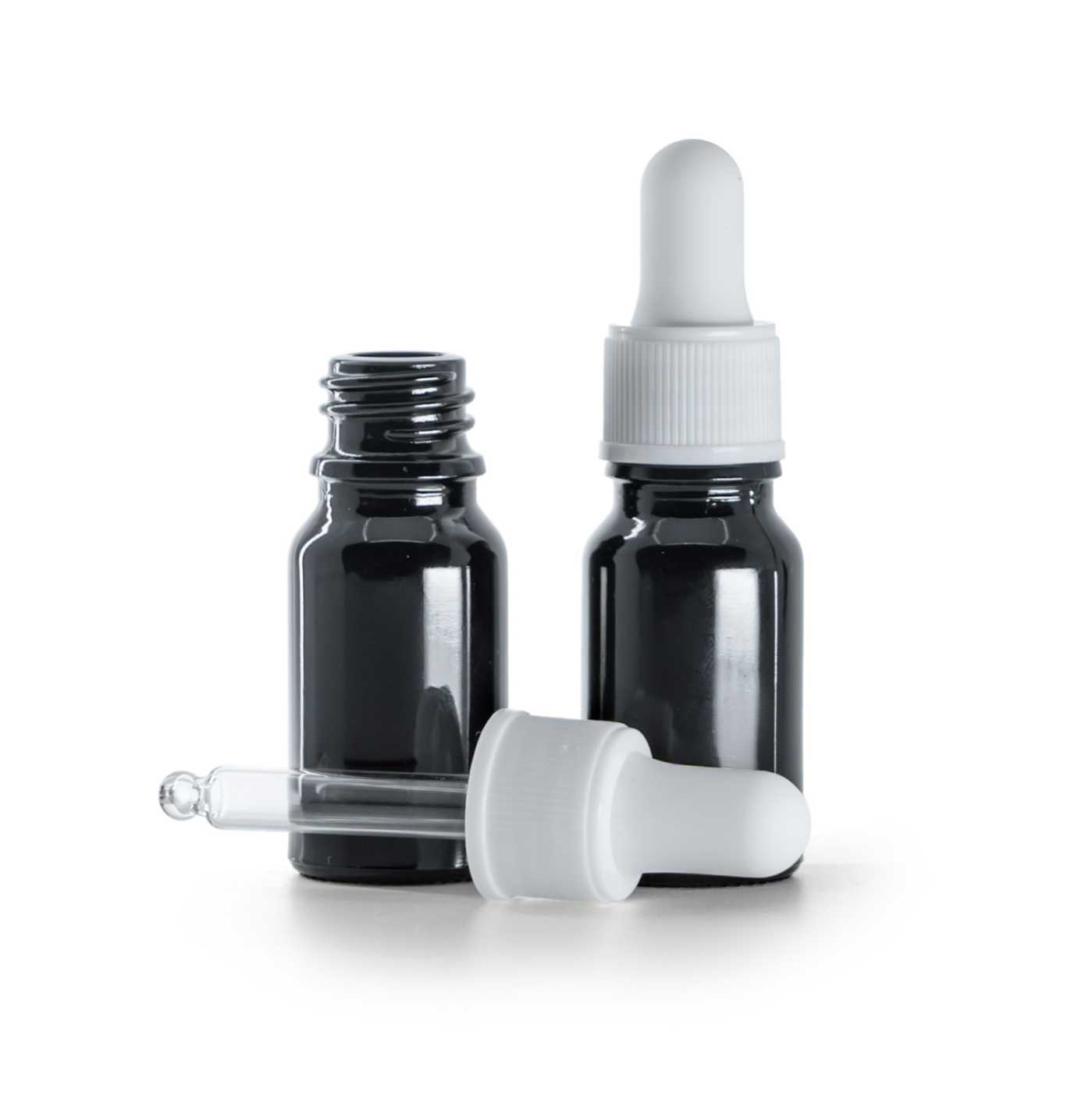 Skleněná lahvička lesklá černá s bílým matným kapátkem 10 ml