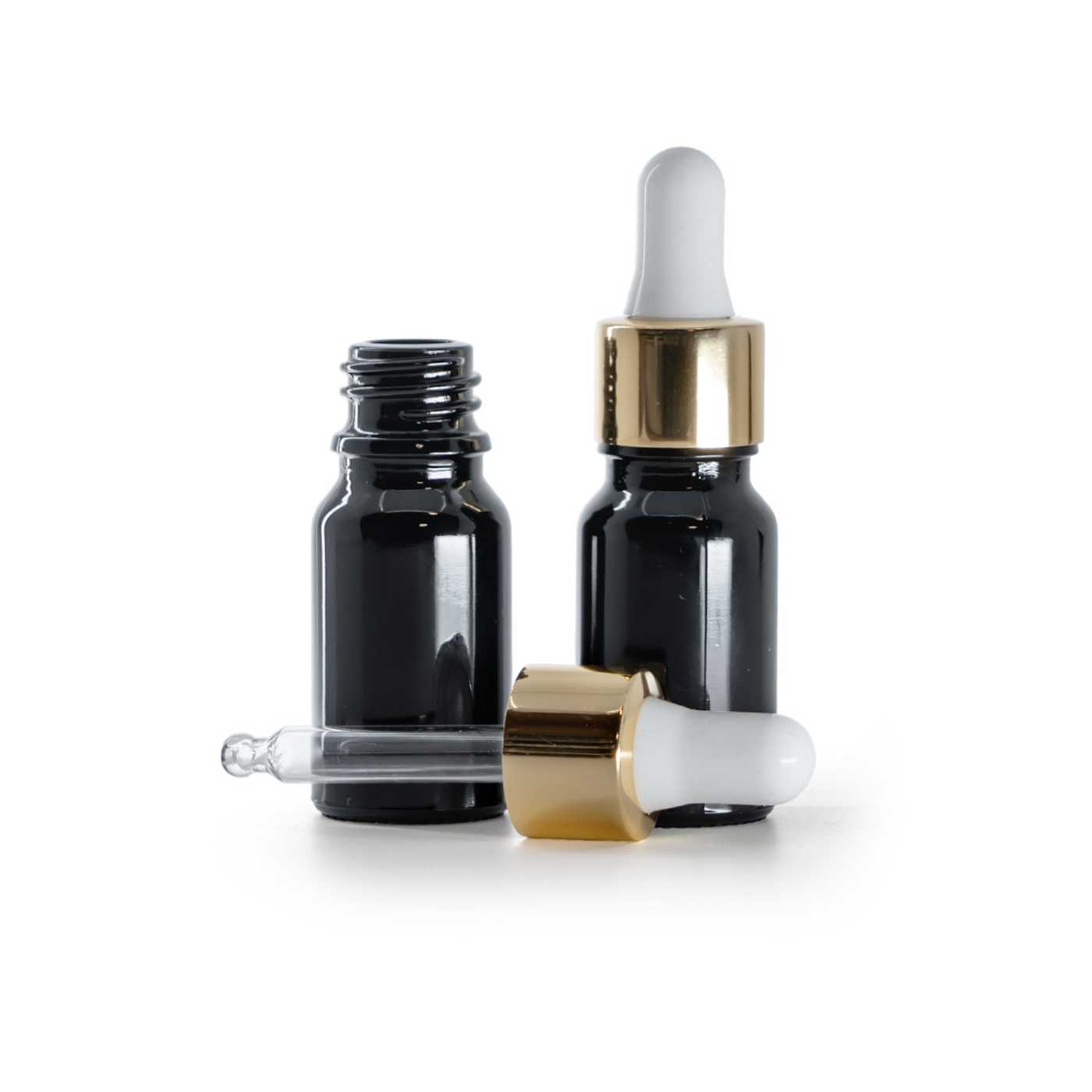 Butelka szklana, czarna błyszcząca, biało-złoty kroplomierz, 10 ml