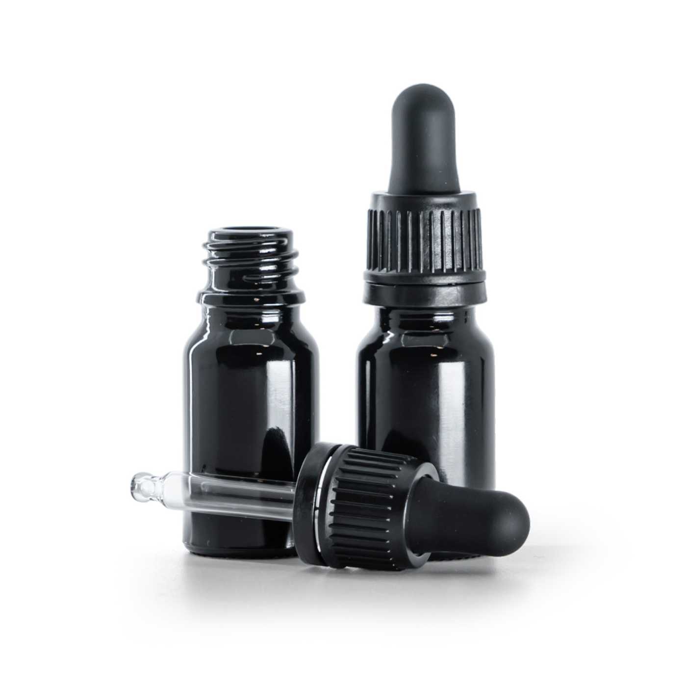 Skleněná lahvička černá lesklá s černým bezpečnostním kapátkem 10 ml