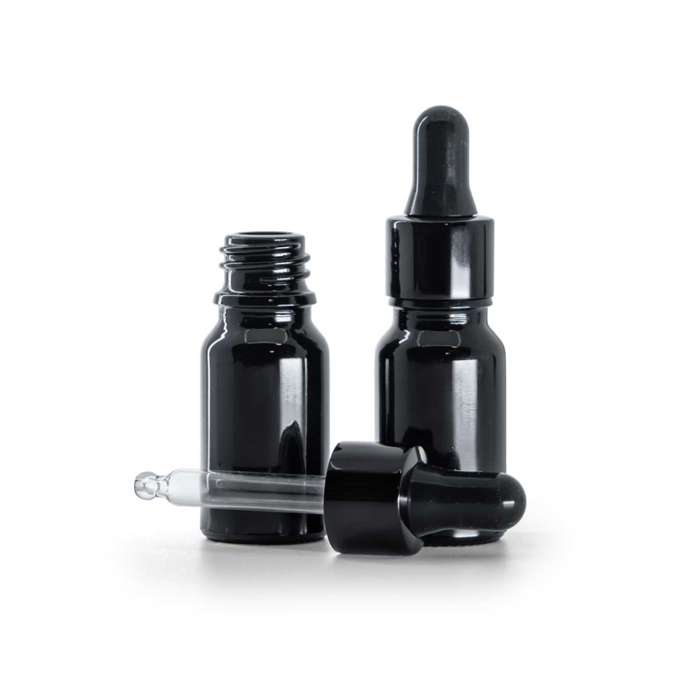 Skleněná lahvička, černá lesklá, černé lesklé kapátko, 10 ml