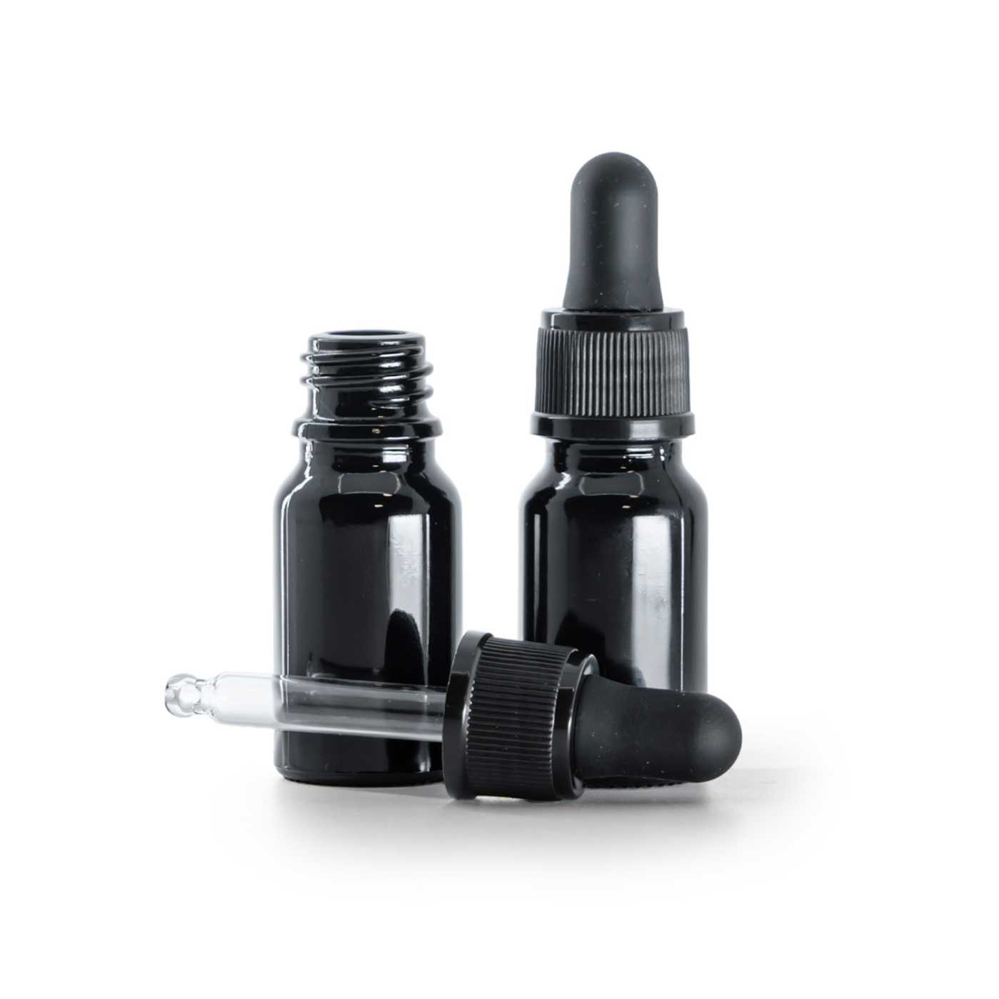 Flacon en verre noir brillant, compte-gouttes noir mat, 10 ml