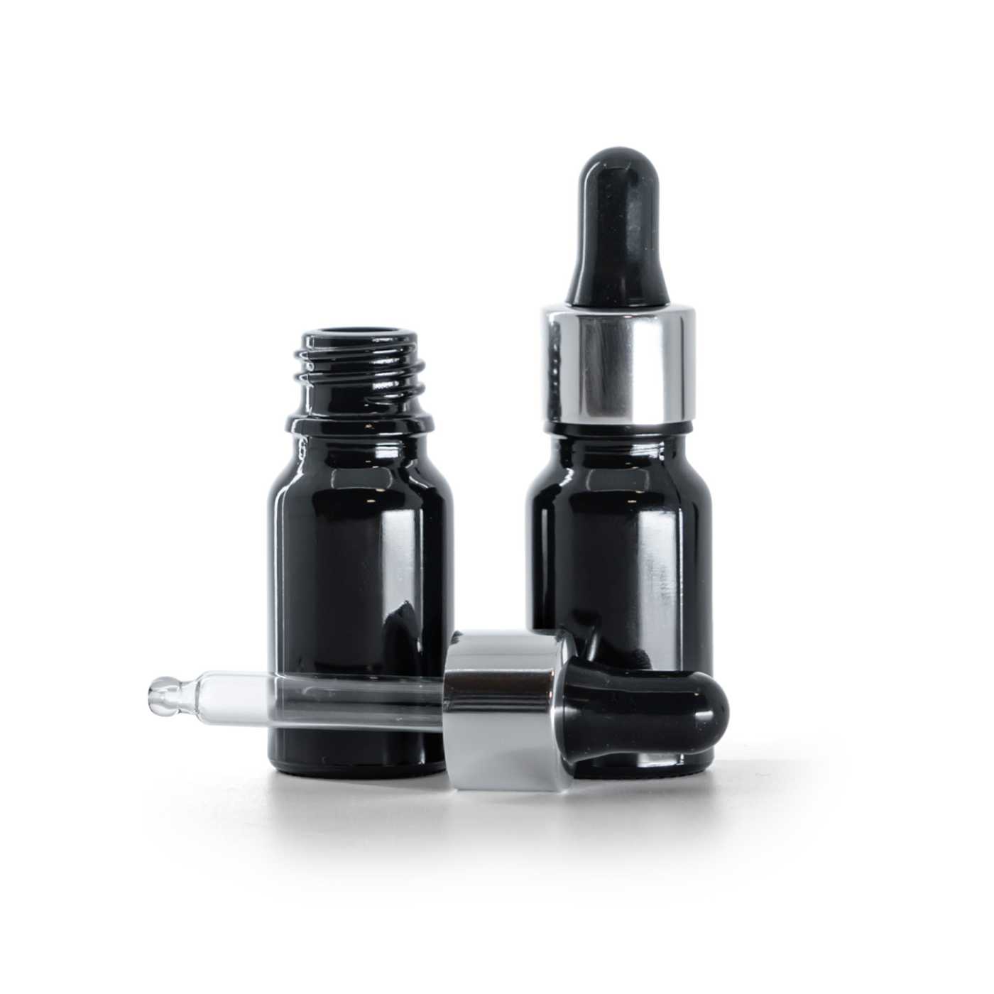 Černá lesklá skleněná lahvička, černo-stříbrná pipetová kapátka, 10 ml