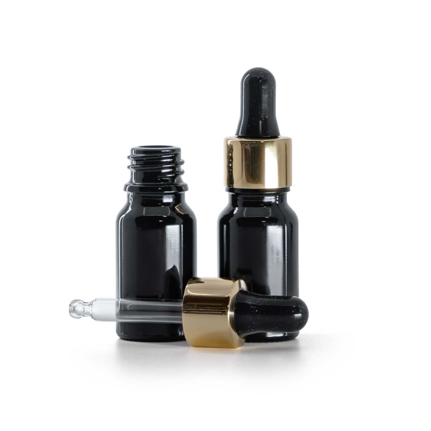 Skleněná lahvička černá lesklá s černo-zlatou pipetou 10 ml
