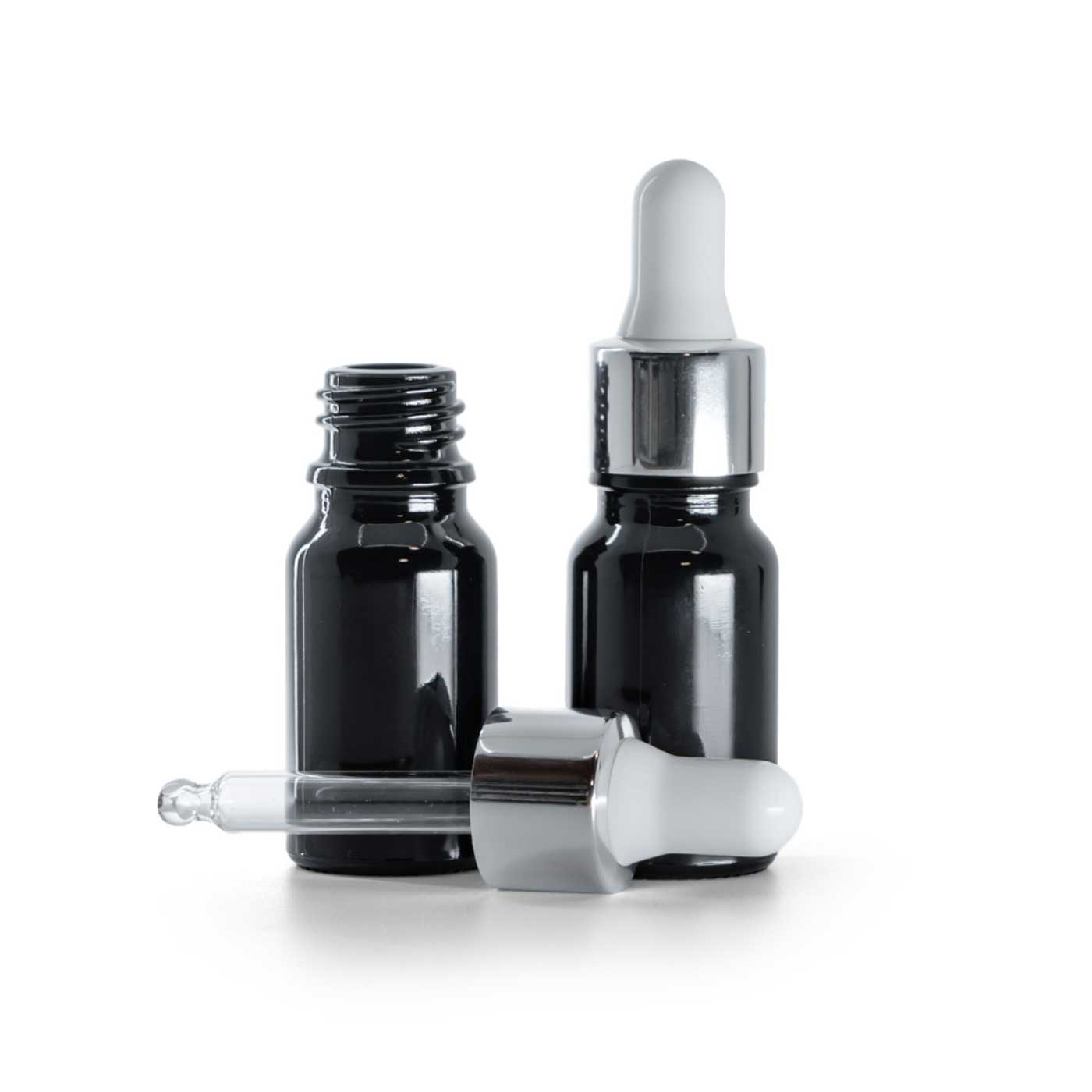 Skleněná lahvička, černá lesklá, stříbrná lesklá pipeta, 10 ml