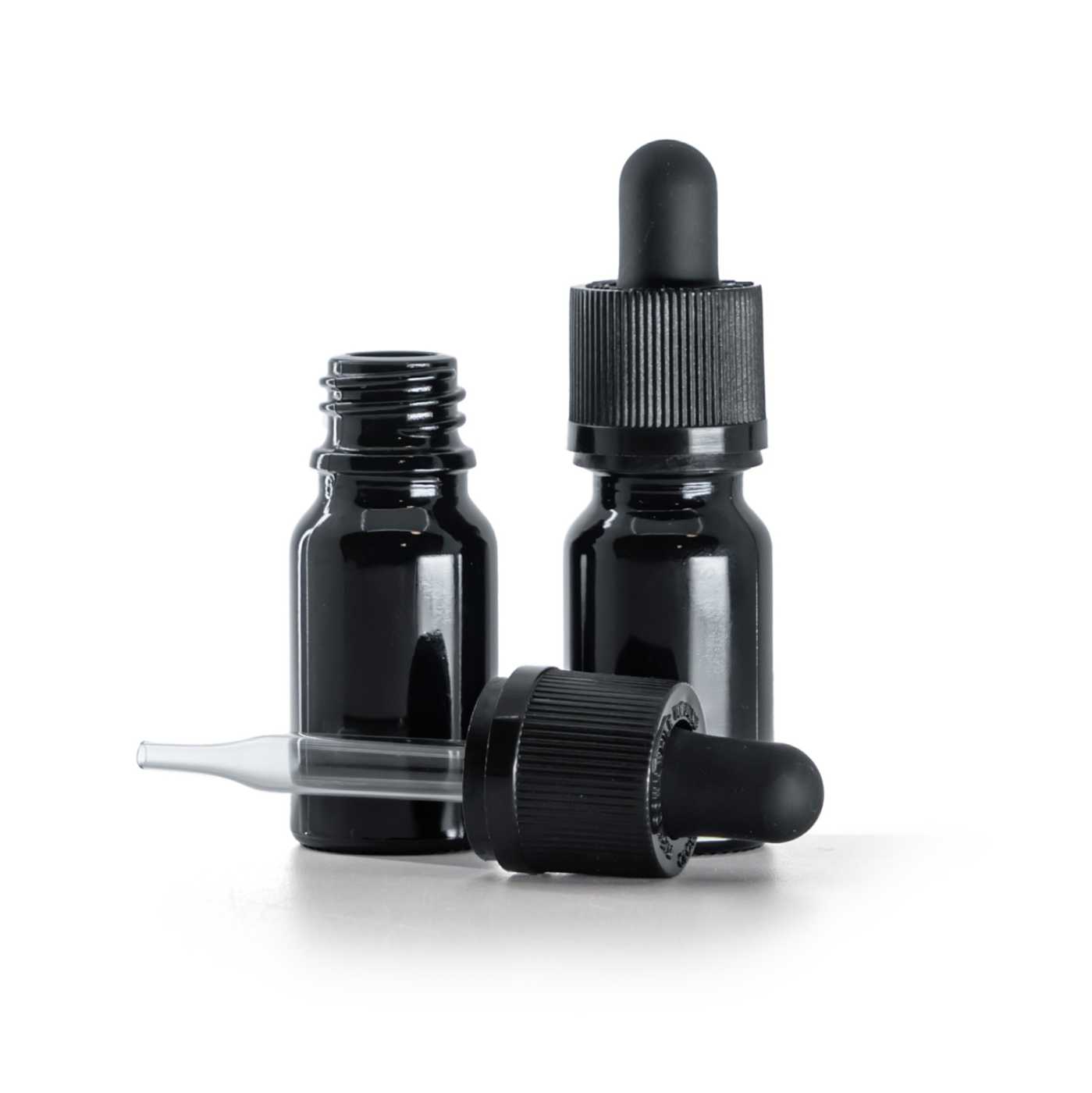 Černá lesklá skleněná lahvička, pipeta s pojistným kroužkem, 10 ml