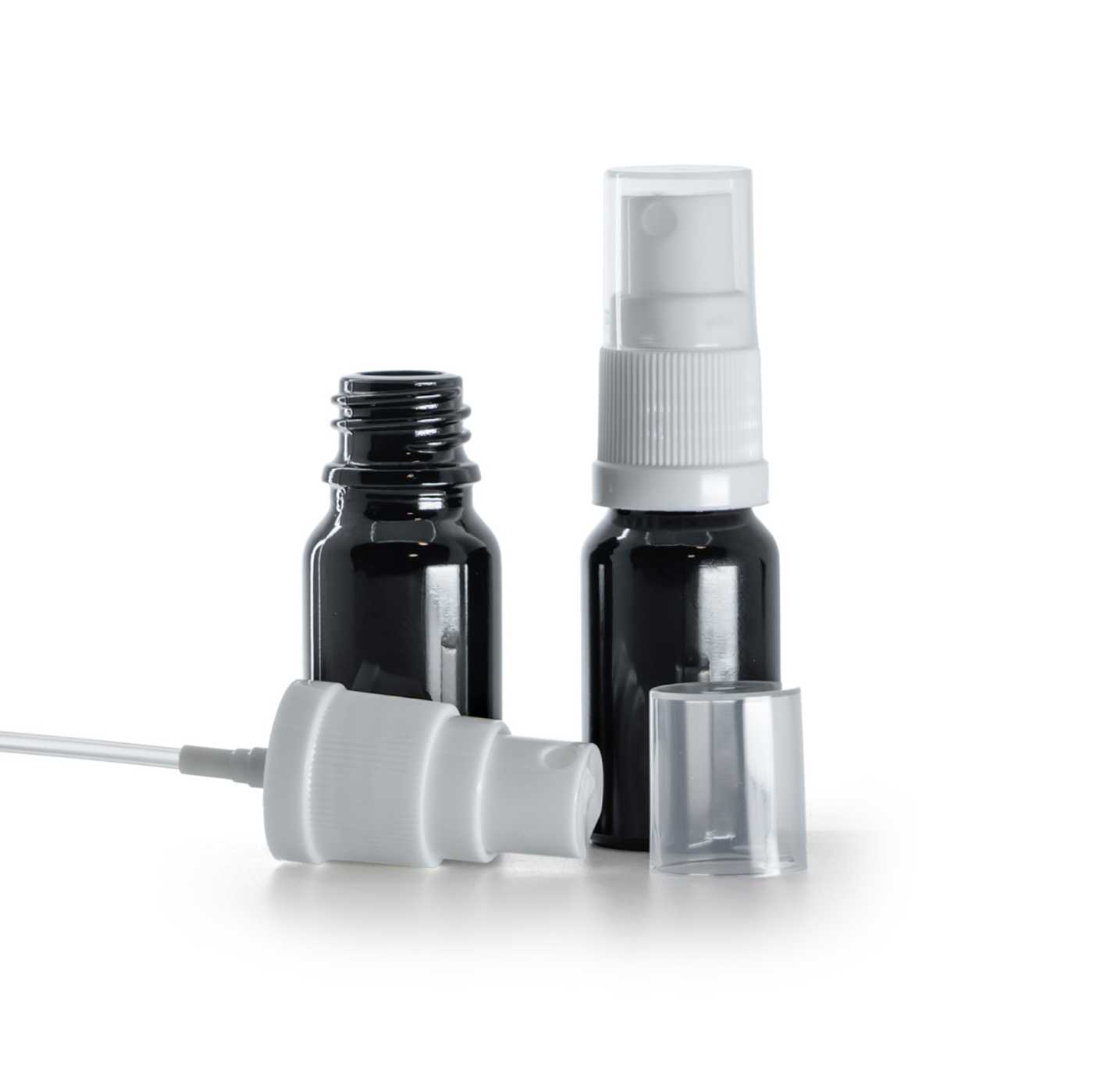 Butelka szklana, czarna błyszcząca, biały atomizer, 10 ml