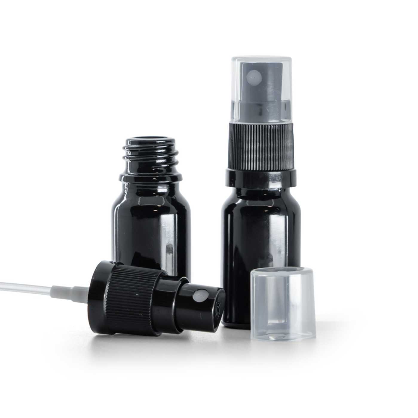 Butelka szklana, czarna błyszcząca, czarny atomizer, 10 ml