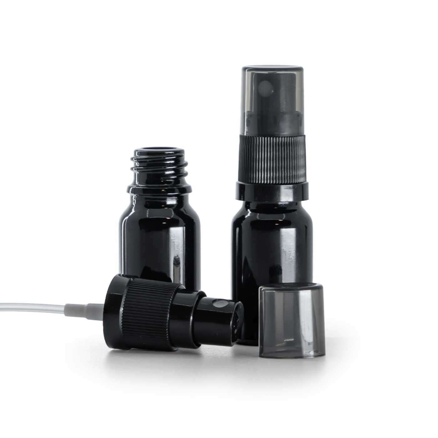 Butelka szklana czarna błyszcząca, atomizer czarny, przydymiony kapturek, 10 ml