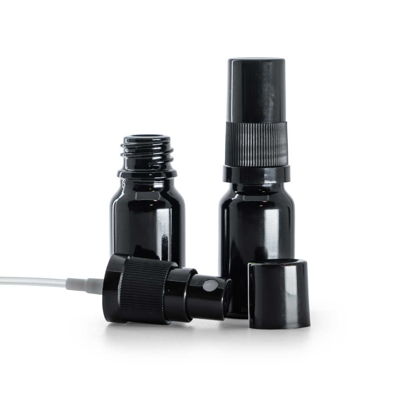 Butelka szklana czarna błyszcząca, atomizer czarny, czarny kapturek, 10 ml
