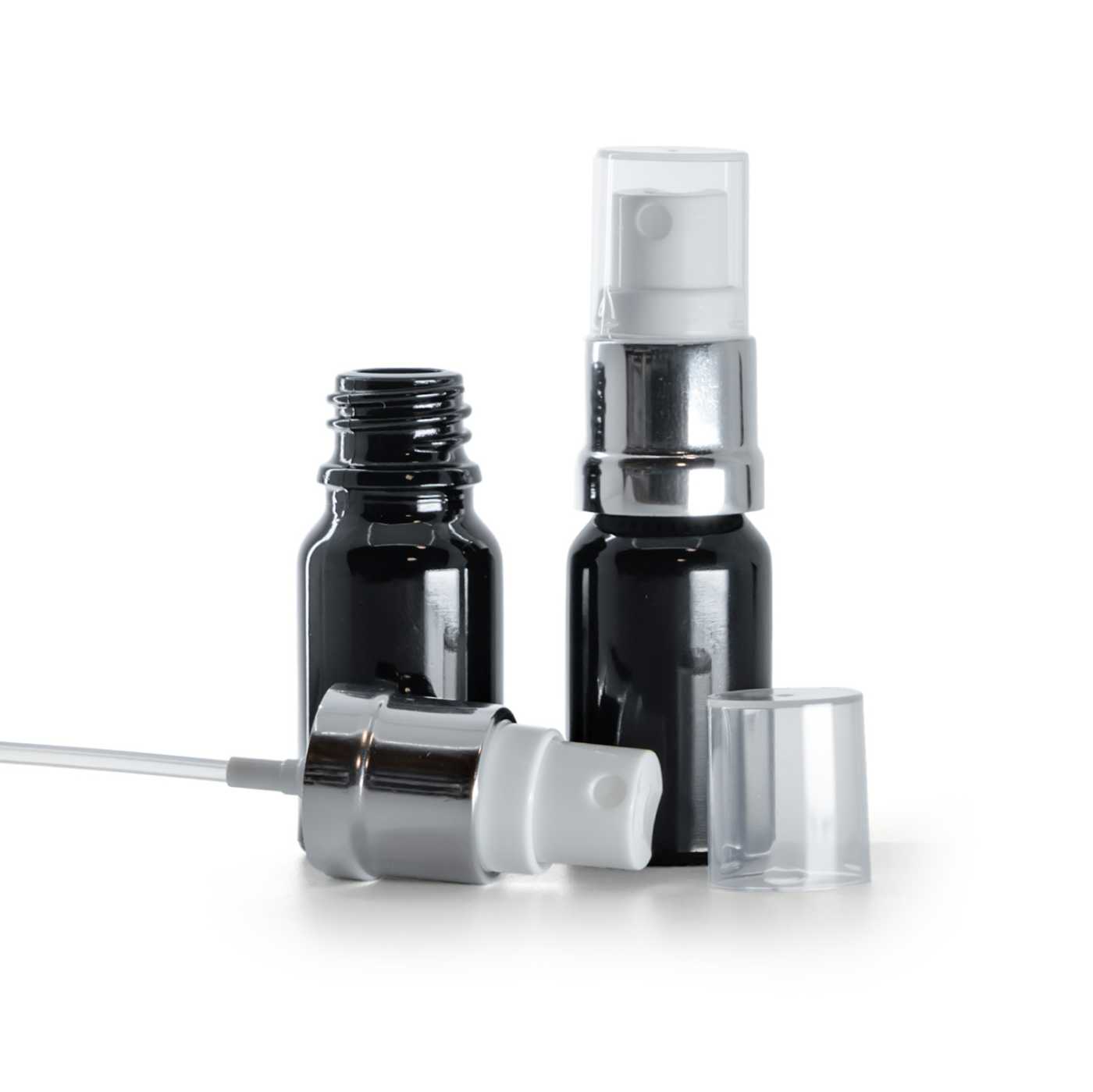 Butelka szklana czarna błyszcząca, atomizer biało-srebrny, 10 ml