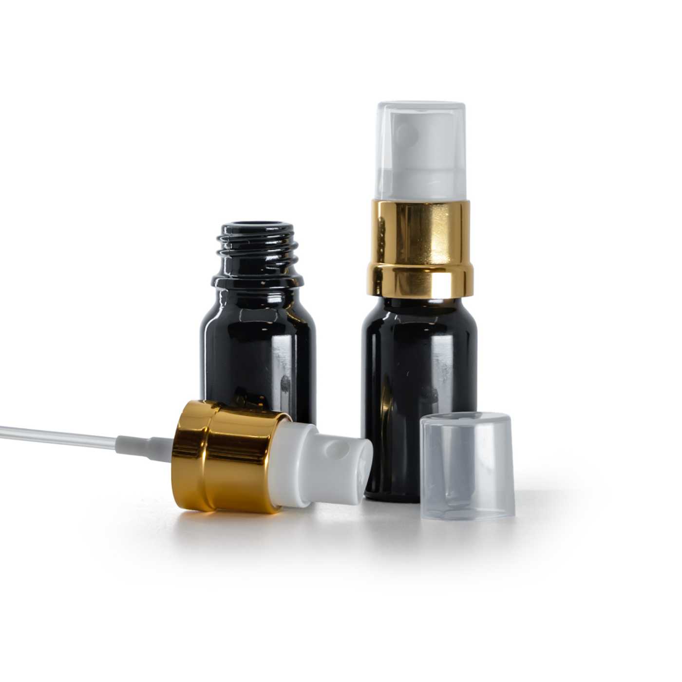 Butelka szklana, czarna błyszcząca, biało-złoty atomizer, 10 ml