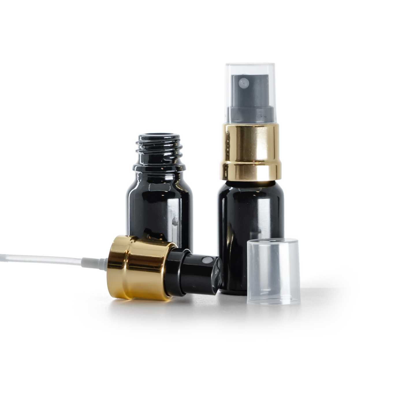 Butelka szklana, czarna błyszcząca, czarno-złoty atomizer, 10 ml