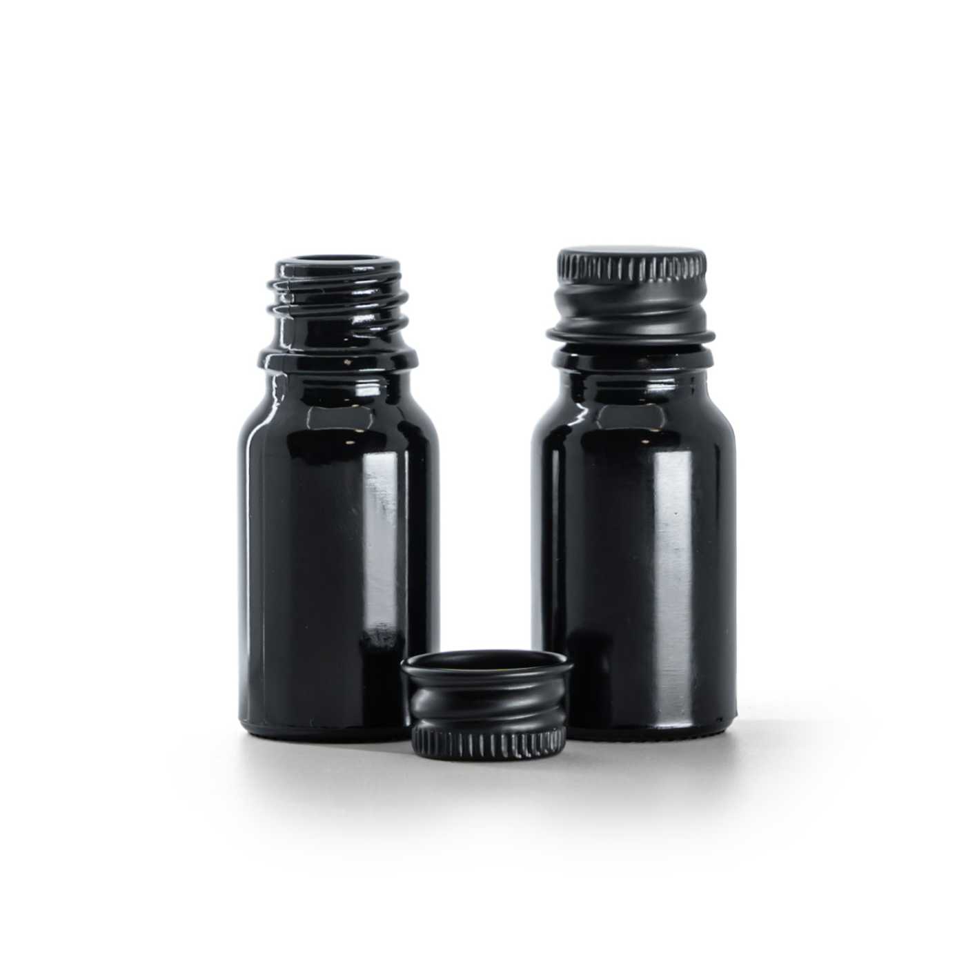 Butelka szklana, czarna błyszcząca, czarna nakrętka aluminiowa, 10 ml