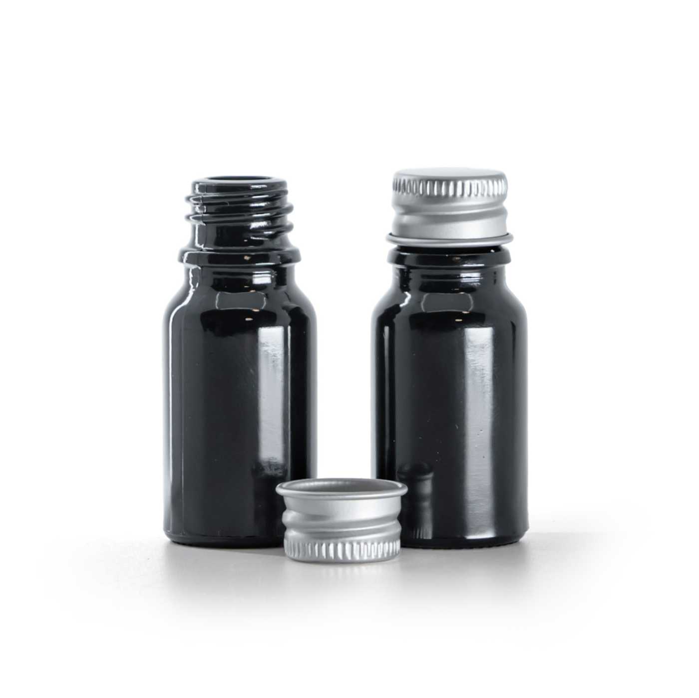 Butelka szklana, czarna błyszcząca, nakrętka aluminiowa, 10 ml