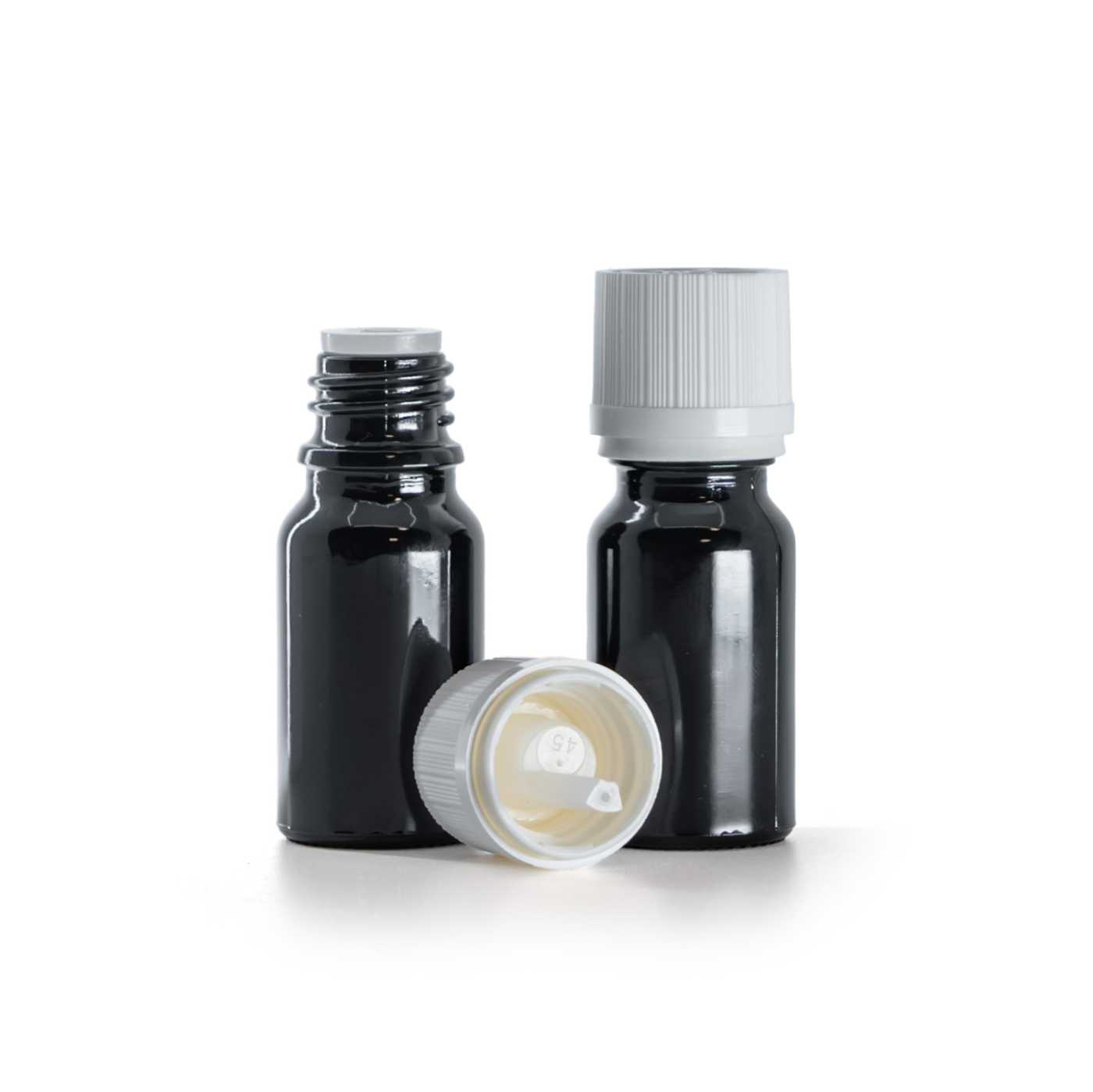 Skleněná lahvička, lesklá černá, bílý bezpečnostní uzávěr s kapátkem, 10 ml