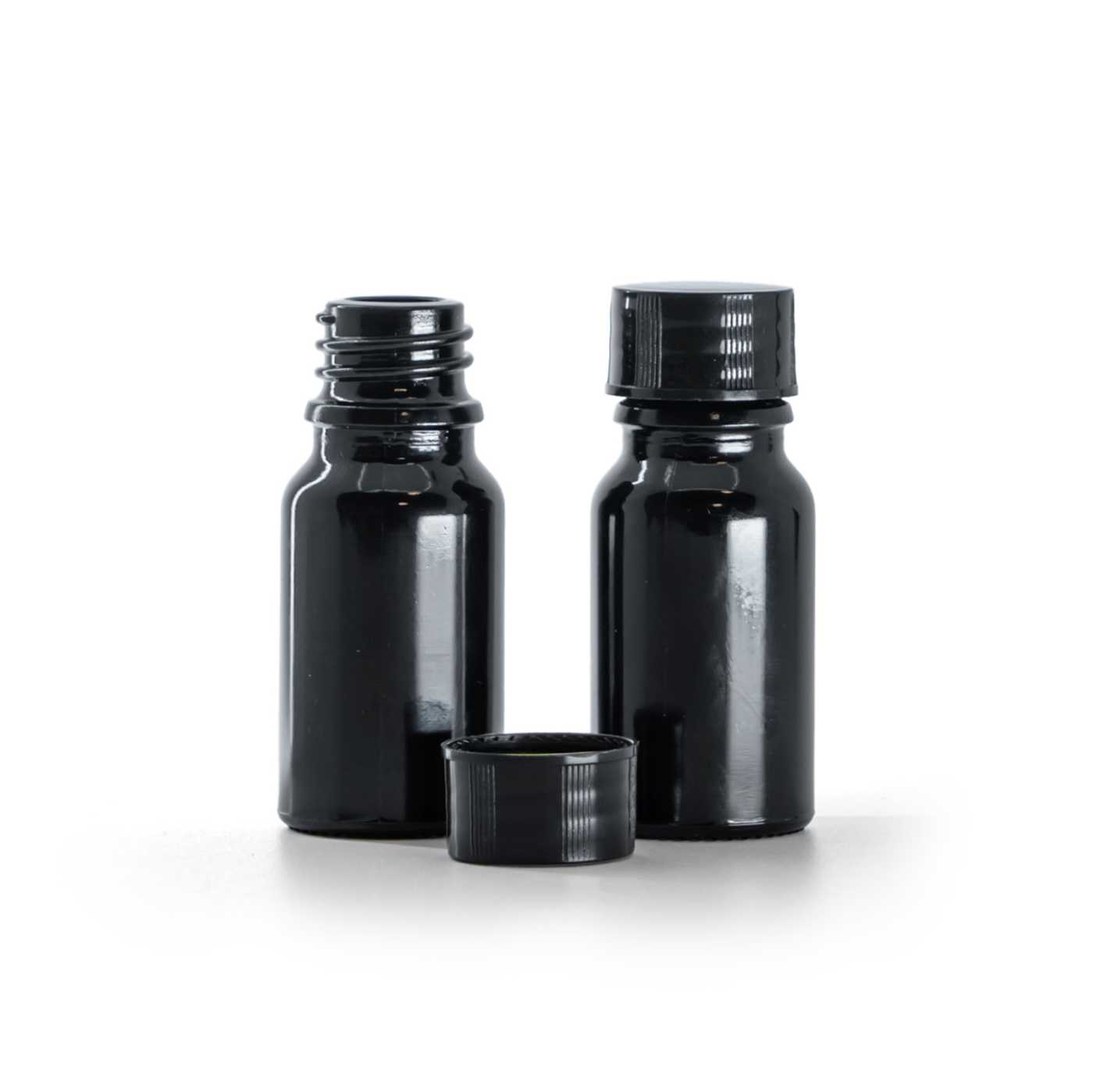 Butelka szklana czarna błyszcząca, nakrętka czarna, 10 ml