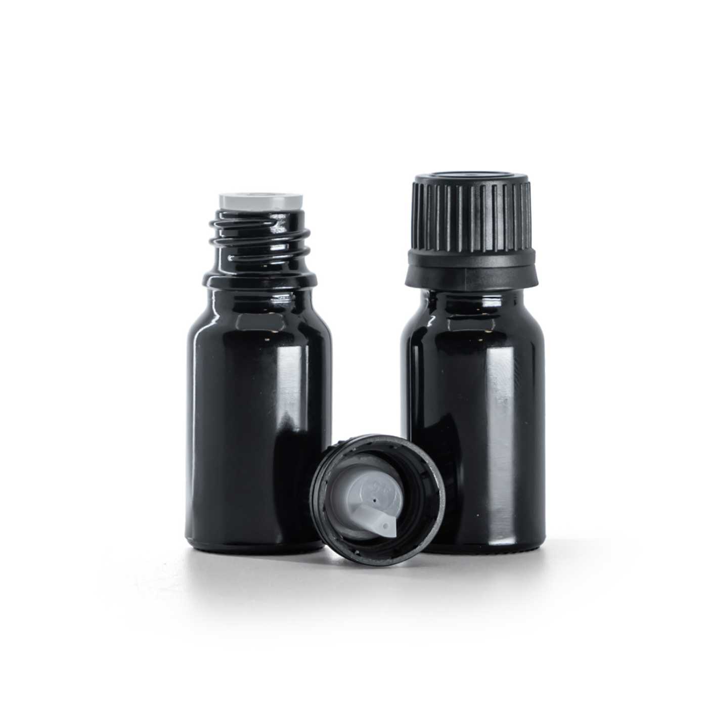 Butelka szklana czarna błyszcząca, nakrętka czarna z kroplomierzem, 10 ml