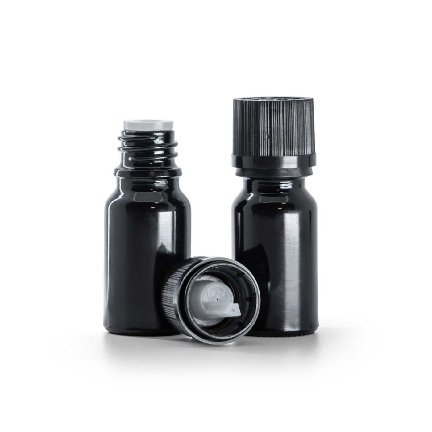 Lesklá černá skleněná lahvička, černé bezpečnostní kapátkové víčko, rýhované, 10 ml