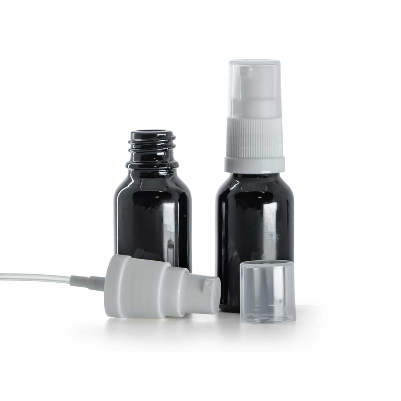 Flacon en verre noir brillant avec pompe distributrice blanche, 15 ml